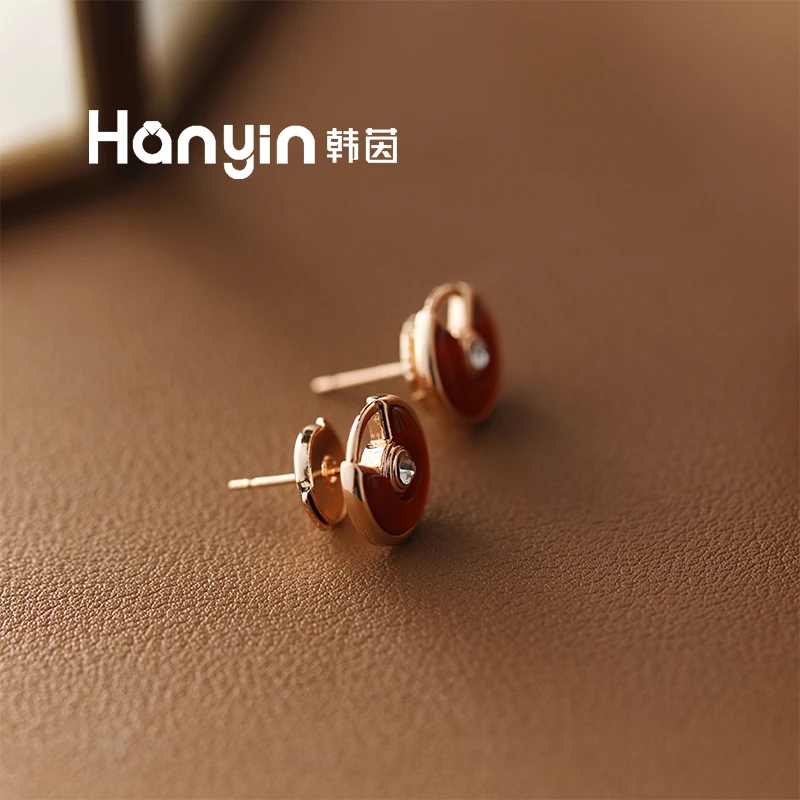 玛瑙925银针小众光面微镶红玛瑙飞碟耳钉AAA