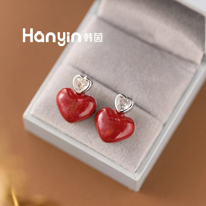 铜合金珐琅耳饰 925银针气质安可拉红色微镶土星大小爱心耳钉AAA