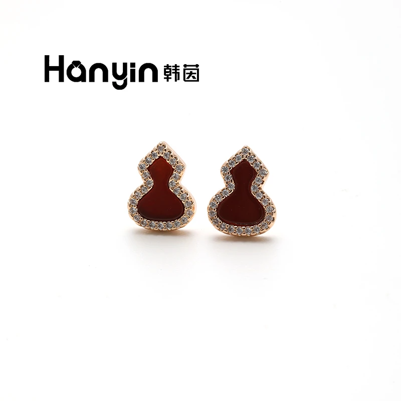 玛瑙925银针轻奢百搭小众光面微镶红玛瑙葫芦耳钉AAA