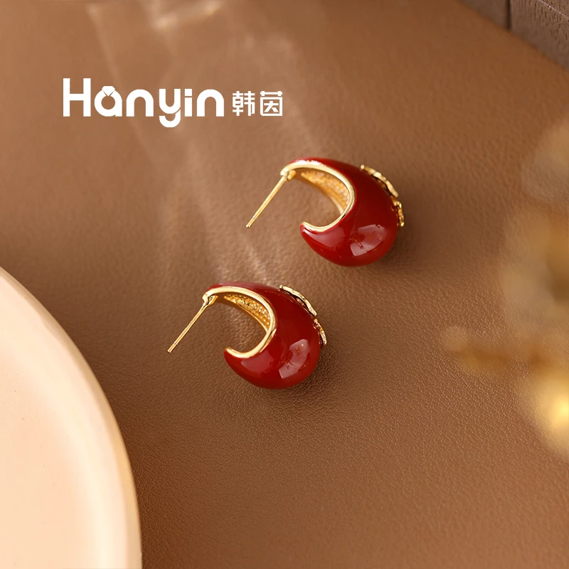 铜合金珐琅耳饰 925银针气质光面安可红色杨树林水滴耳钉AAA