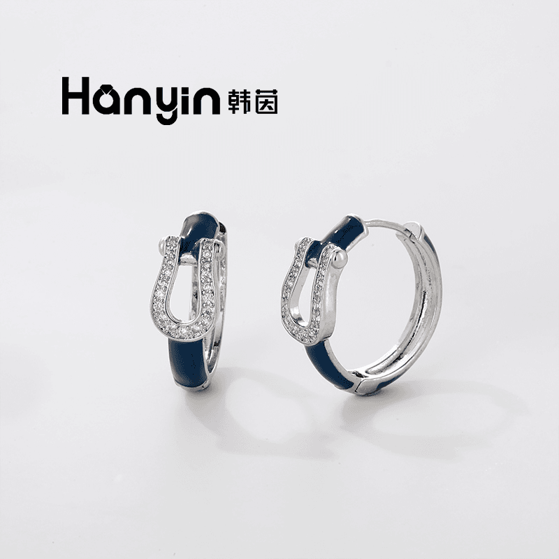 hanyin/韩茵 铜合金合成锆石耳饰气质轻奢时尚百搭个性简约蓝色马蹄耳扣AAA