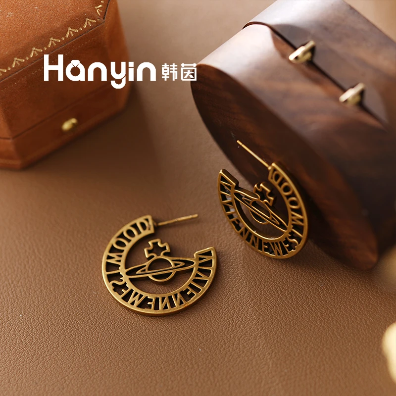 铜合金耳饰 925银针复古气质镂空土星C形耳钉AAA