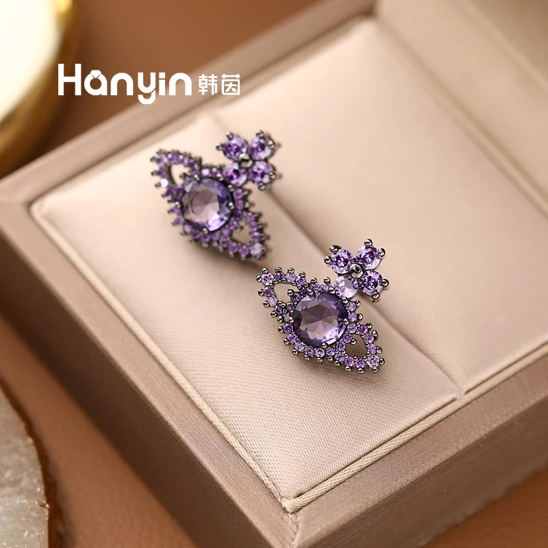 铜合金合成锆石耳饰 925银针经典微镶紫黑色西太后时尚耳钉AAA