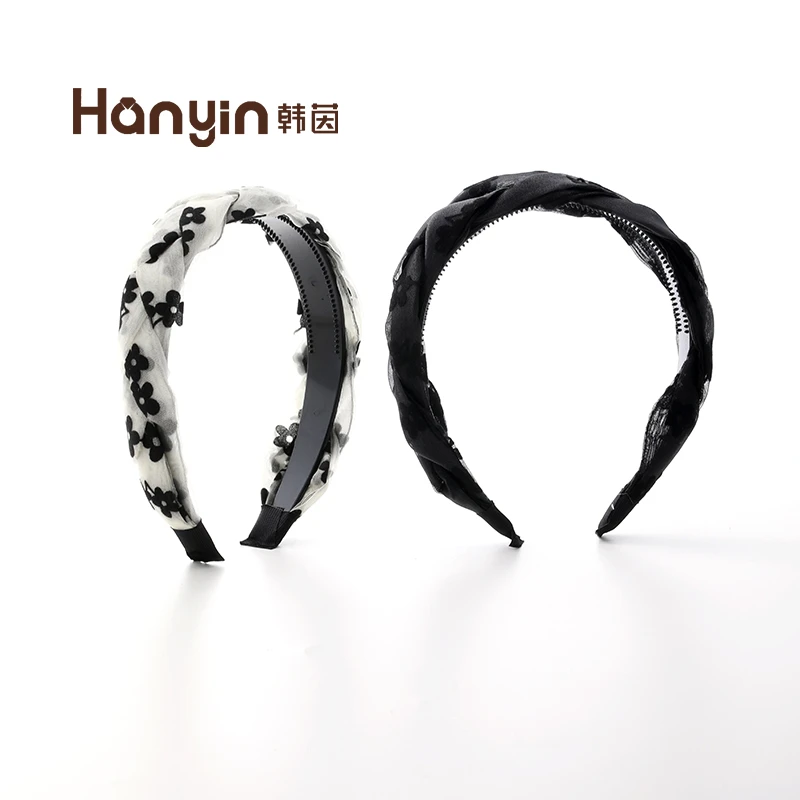 黑色花朵极简风时尚气质百搭小香风网红百搭宽边发箍编织网纱头饰