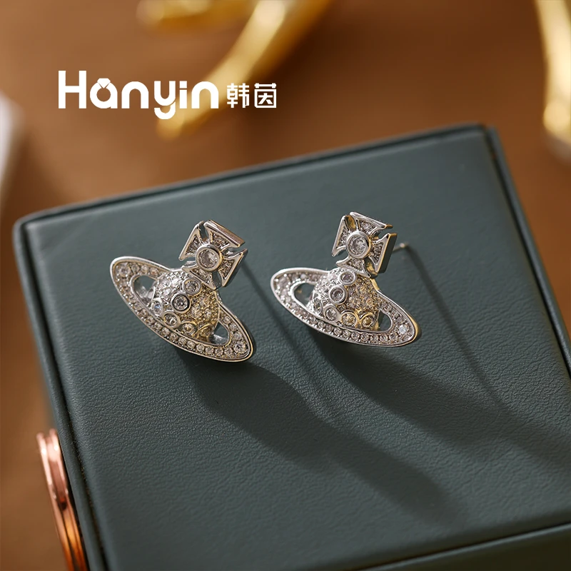 铜合金合成锆石耳饰 925银针经典百搭满微镶土星百搭耳钉AAA