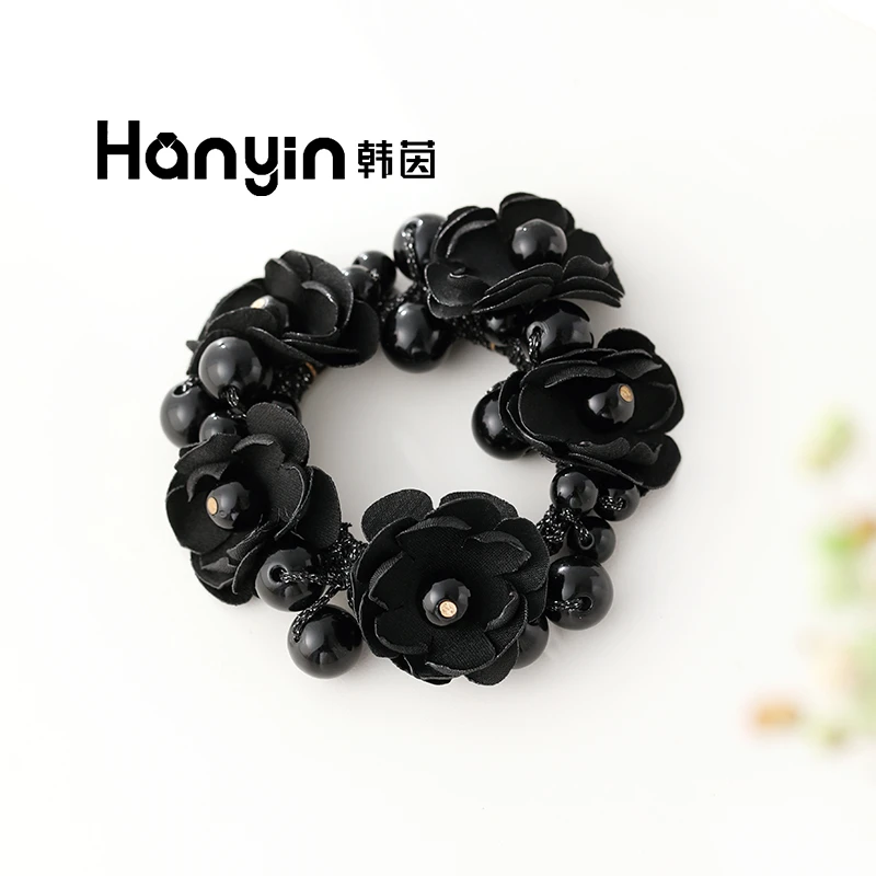 时尚百搭气质韩版黑色花朵圆珠发圈成人简约无纺布高弹力编织发绳