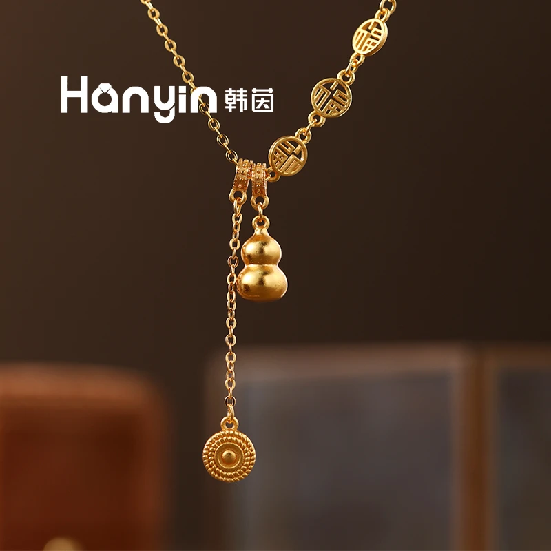 铜合金项链 时尚百搭新中式镂空福字葫芦圆牌流苏项链个性锁骨链