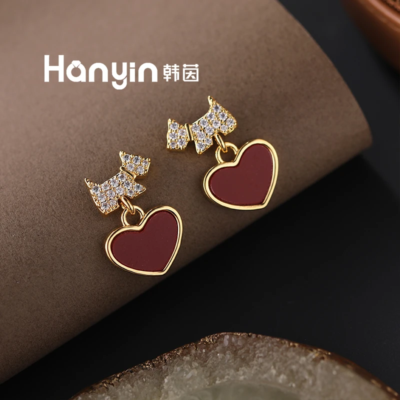 铜合金贝壳耳饰 925银针轻奢满微镶西高地小狗红贝爱心耳钉AAA