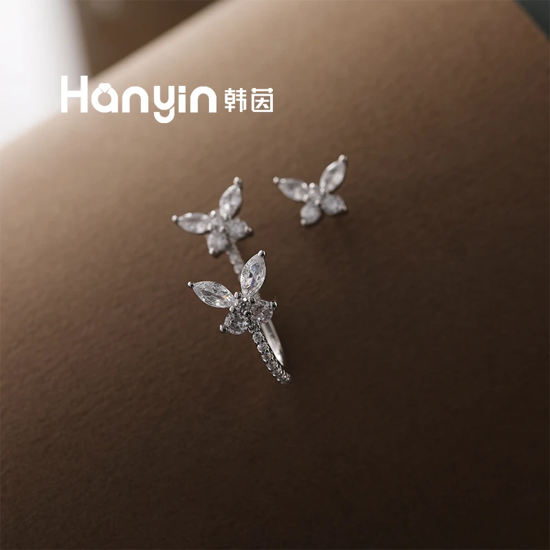 铜合金合成锆石耳饰 925银针两戴气质微镶AB款蝴蝶J形耳钉AAA