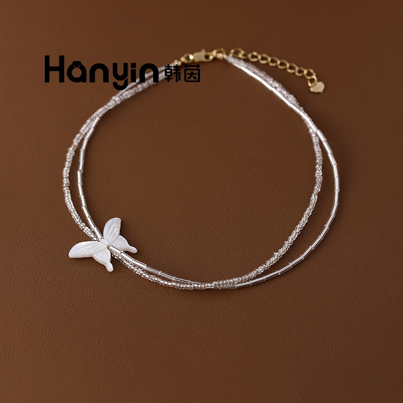 铜合金仿水晶项链 时尚气质百搭双层叠戴白贝精雕蝴蝶小众项链ins