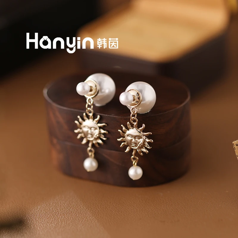 铜合金仿珍珠耳饰 韦雪同款925银针两戴太阳笑脸大小圆珠耳钉AAA