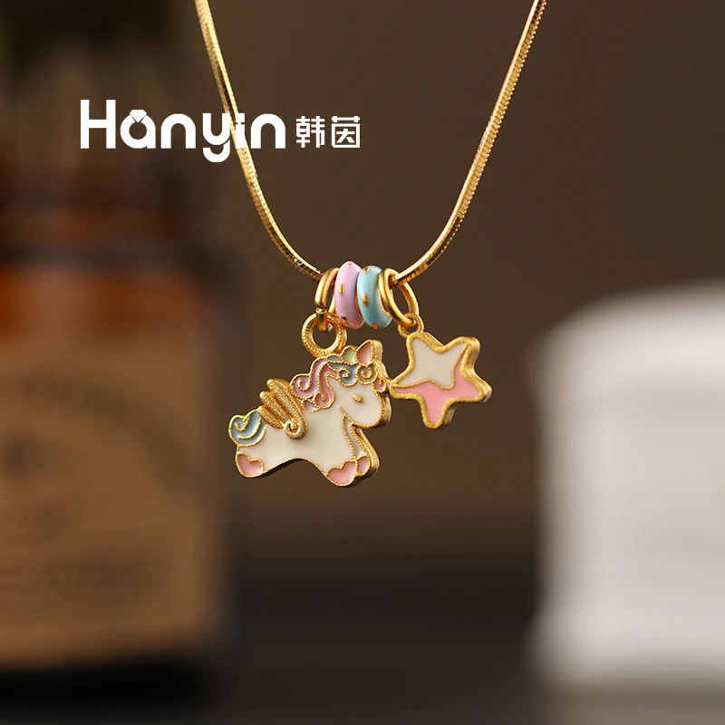 铜合金项链 时尚百搭新中式彩绘小马五角星甜甜圈蛇骨项链