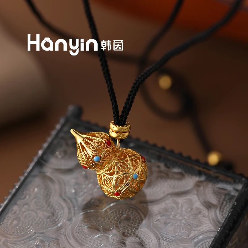 铜合金布艺项链 立体镂空大葫芦吊坠原创设计个性黑绳项链毛衣链