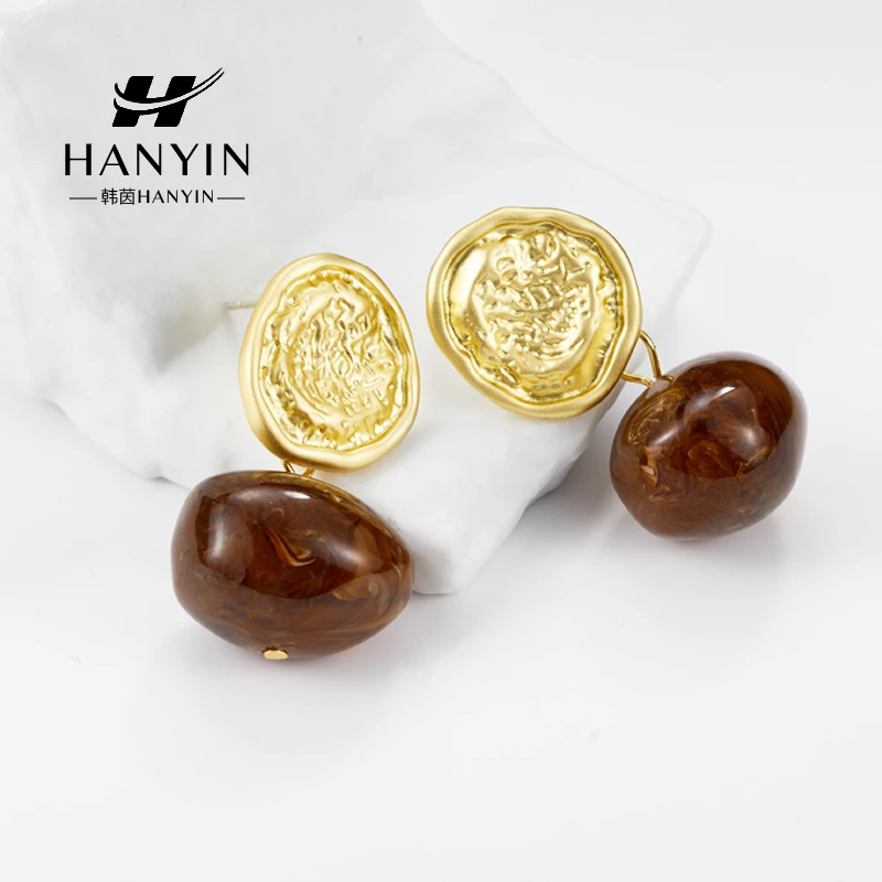 HANYIN/韩茵 铜合金树脂耳饰 法式高级轻奢肌理气质耳钉925银针