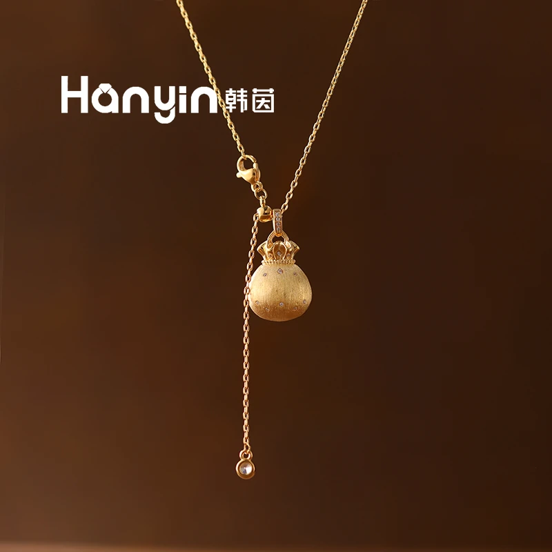 铜合金项链 立体钱袋子微镶拉丝工艺吊坠百搭时尚抽拉调节项链