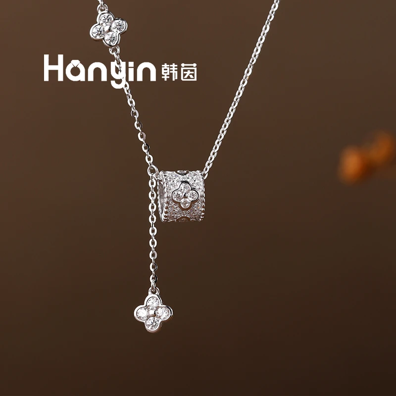 坠链均925银合成锆石 时尚轻奢百搭纯银微镶四叶草路路通项链AAA
