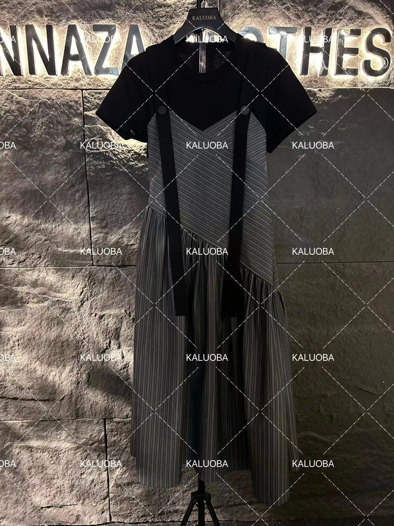 【原创大码设计师款女装】2024新款假两件条纹显瘦高级感连衣裙5368