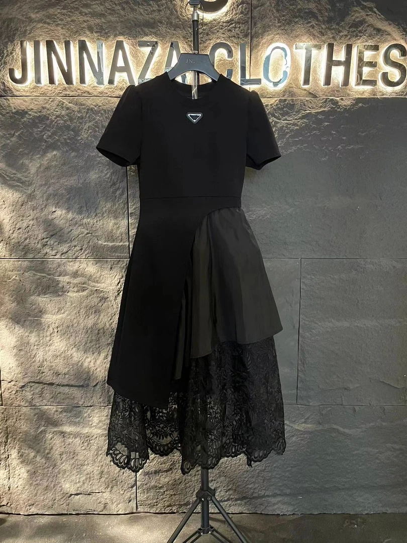 【原创大码设计师款】2024轻奢气质风圆领拼接网纱显瘦连衣裙4597