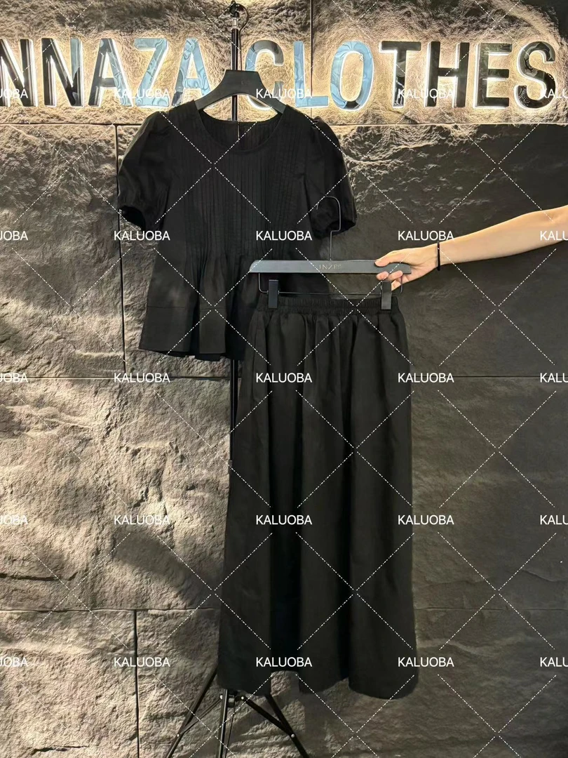 【原创大码设计师款】2024夏季褶皱减龄短袖上衣+半身裙套装5540