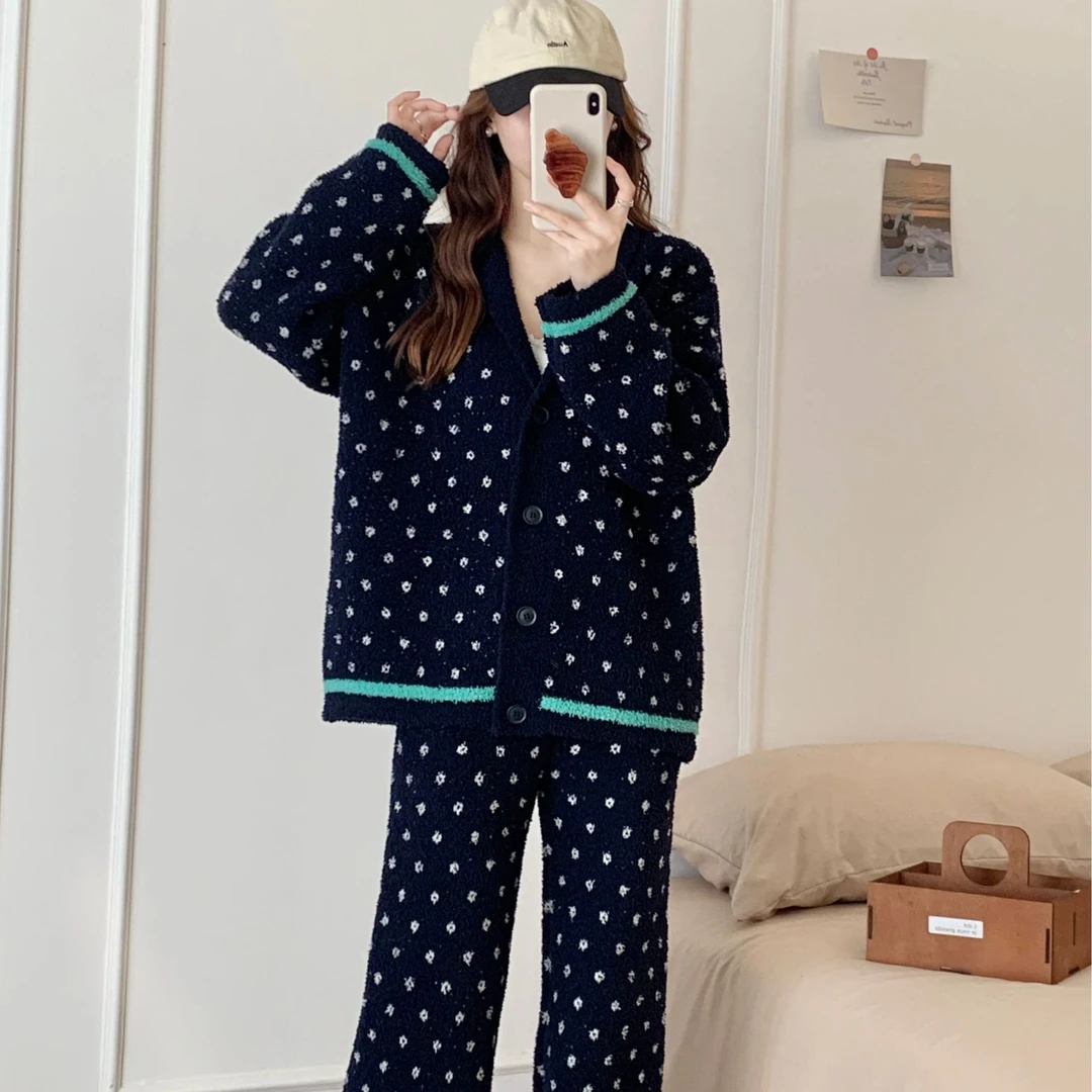 布梵仙女秋冬季新款软绵绵半边绒宽松大码慵懒风加厚睡衣两件套女