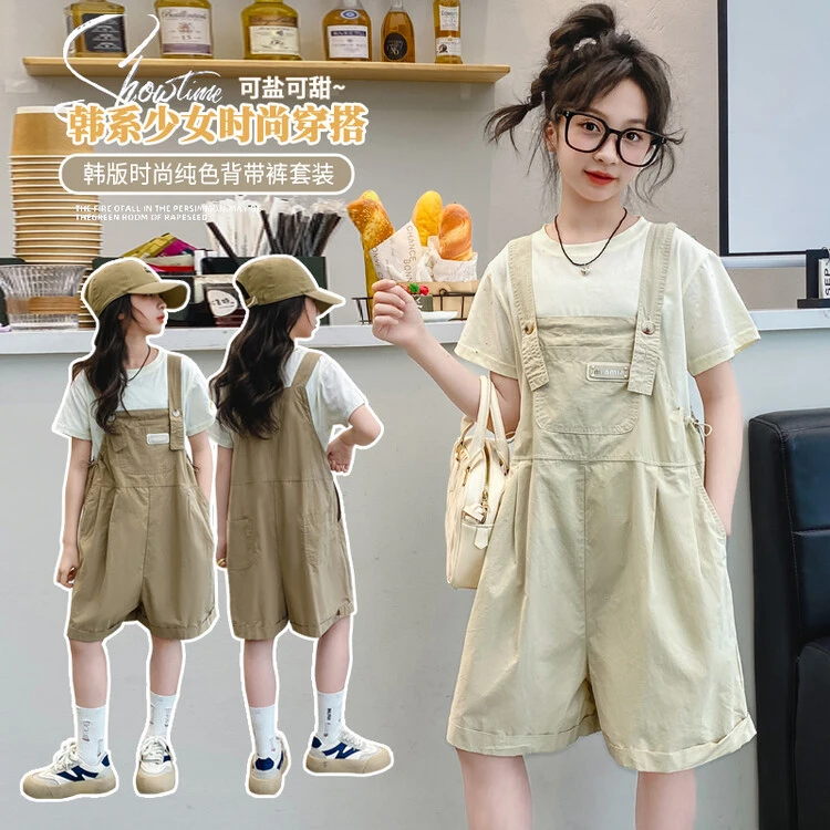 女童休闲背带裤套装夏季2024夏季儿童洋气短袖上衣夏装中大童短裤
