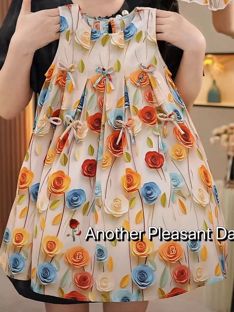 （送帽子）女童连衣裙2024新款中大通夏款女孩裙子碎花蝴蝶结公主裙