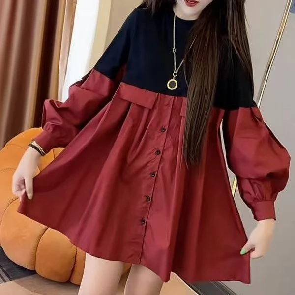 2024秋新款撞色拼接小个子A字裙网红同款减龄洋气设计感连衣裙女