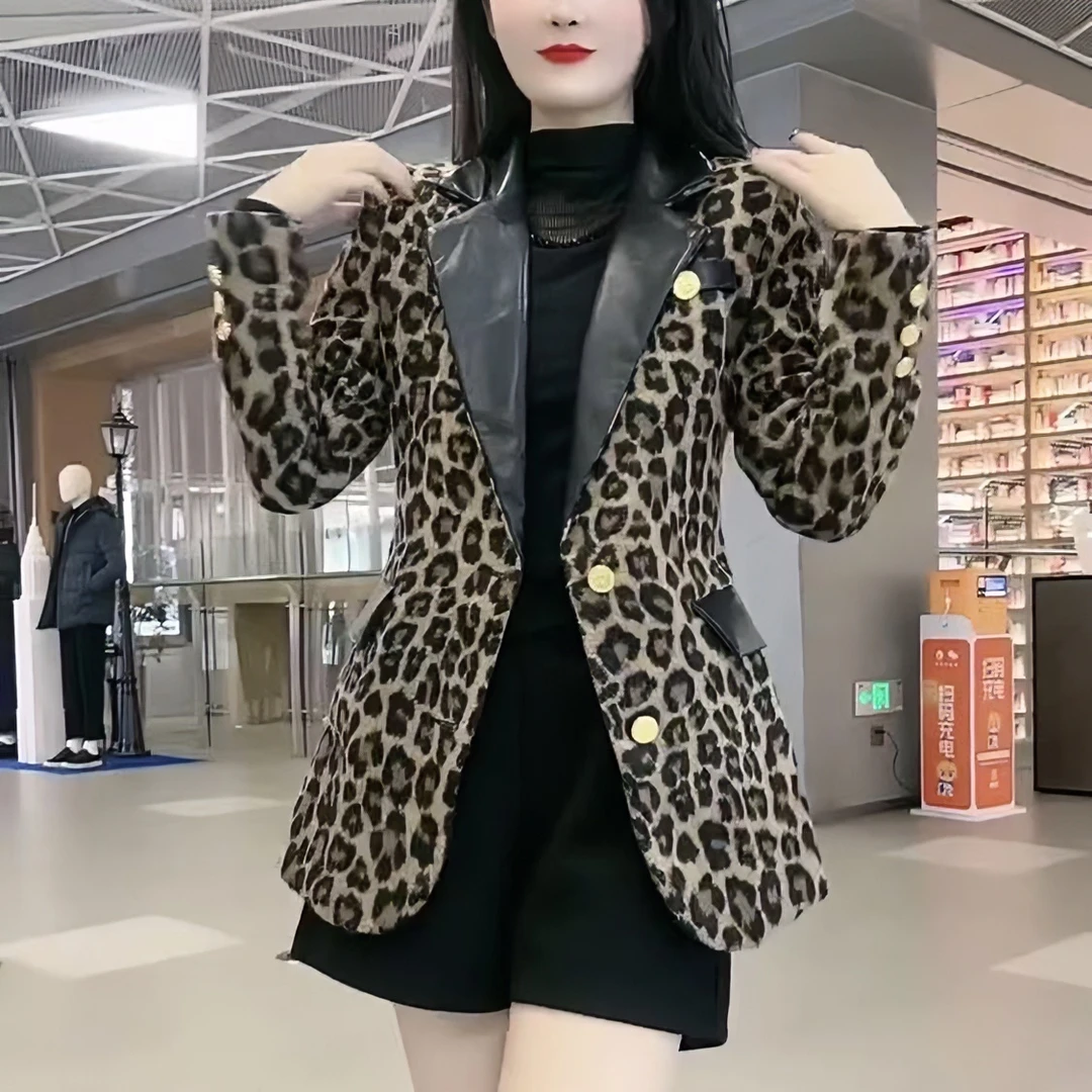 休闲韩版西服外套2024年秋季气质长袖修身豹纹百搭显瘦女士上衣潮