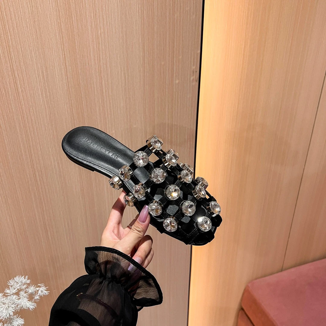 新款2024夏外穿精致水钻法式高级感仙女风凉鞋平底包头夏季半拖