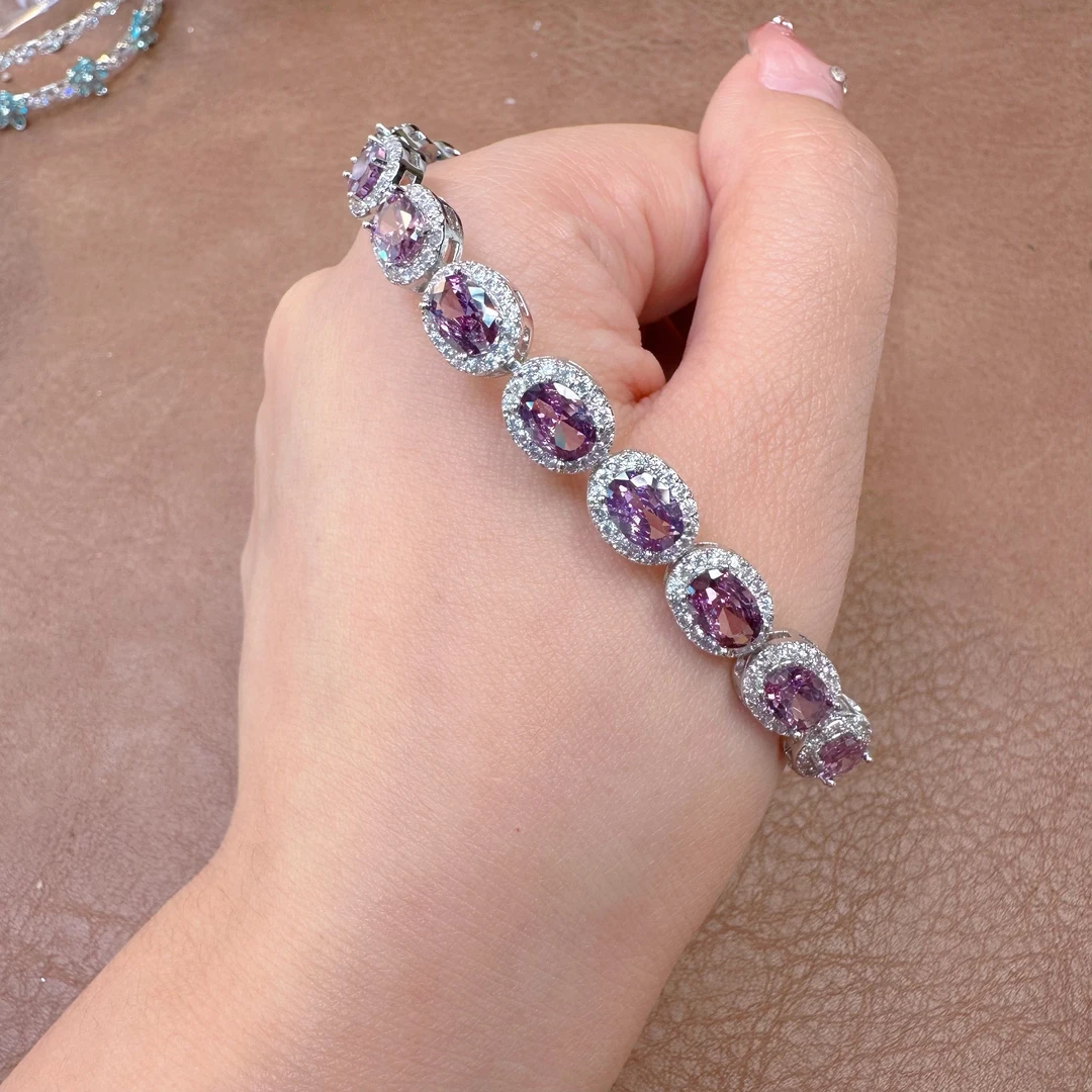 铜合金合成锆石手链 525553韩版简约鸽子蛋紫锆石双扣加长轻奢