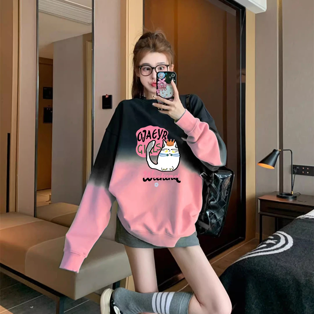 粉色渐变卫衣2025秋冬爆款韩版宽松减龄小个子设计感套头圆领上衣