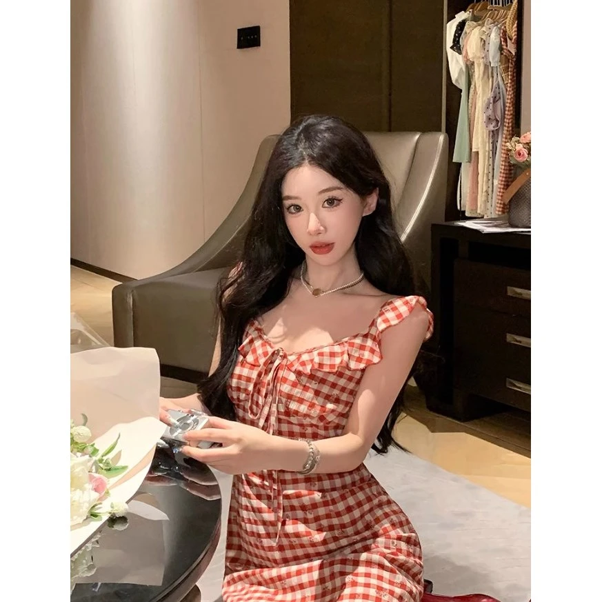 邱肉瑶「伯爵红茶」夏季复古红格飞飞袖吊带连衣裙玫瑰碎花印花