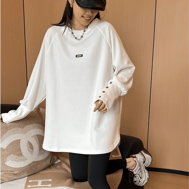 8001【圆摆扣子】2025年春款 打底宽松卫衣圆领白色百搭休闲小标