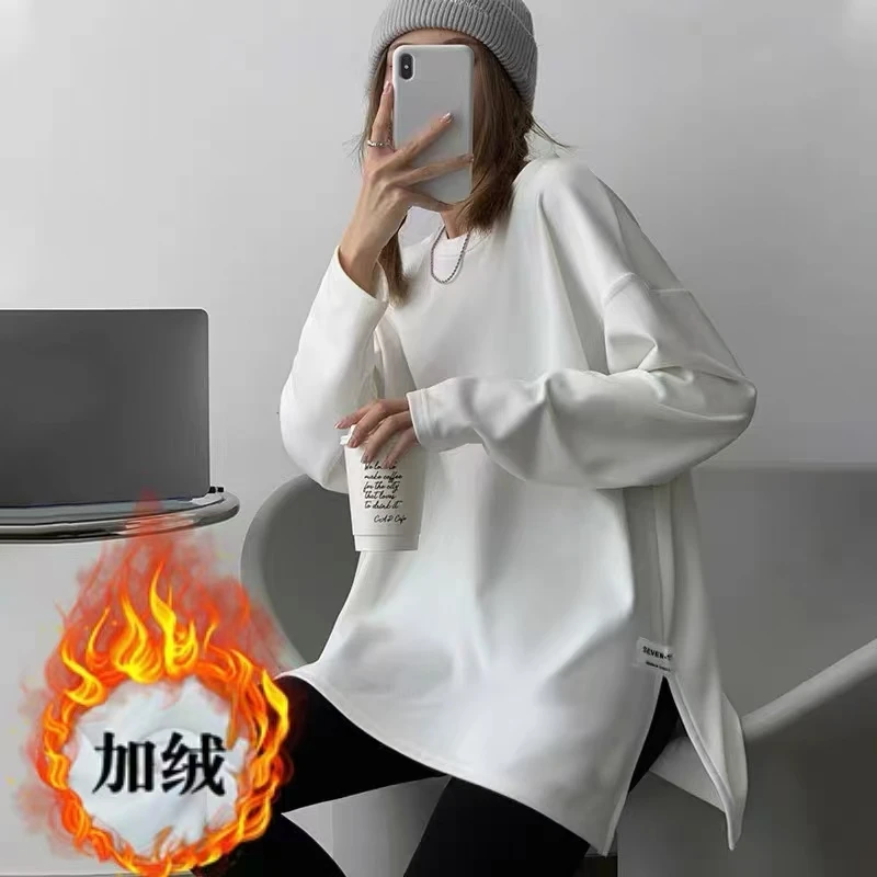 【娜娜专属】婴儿绒2024新款中长款T恤下摆开叉秋冬季宽松T恤百搭