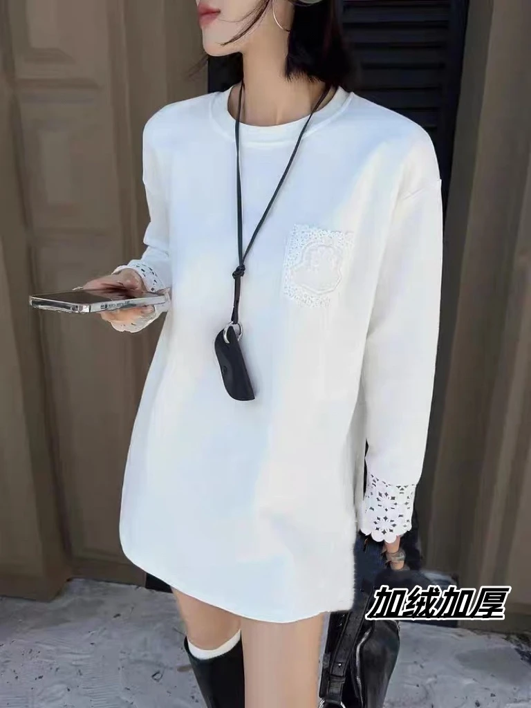 W【加绒加厚】2024新款中长款T恤内搭口袋花边秋冬季宽松上衣T恤