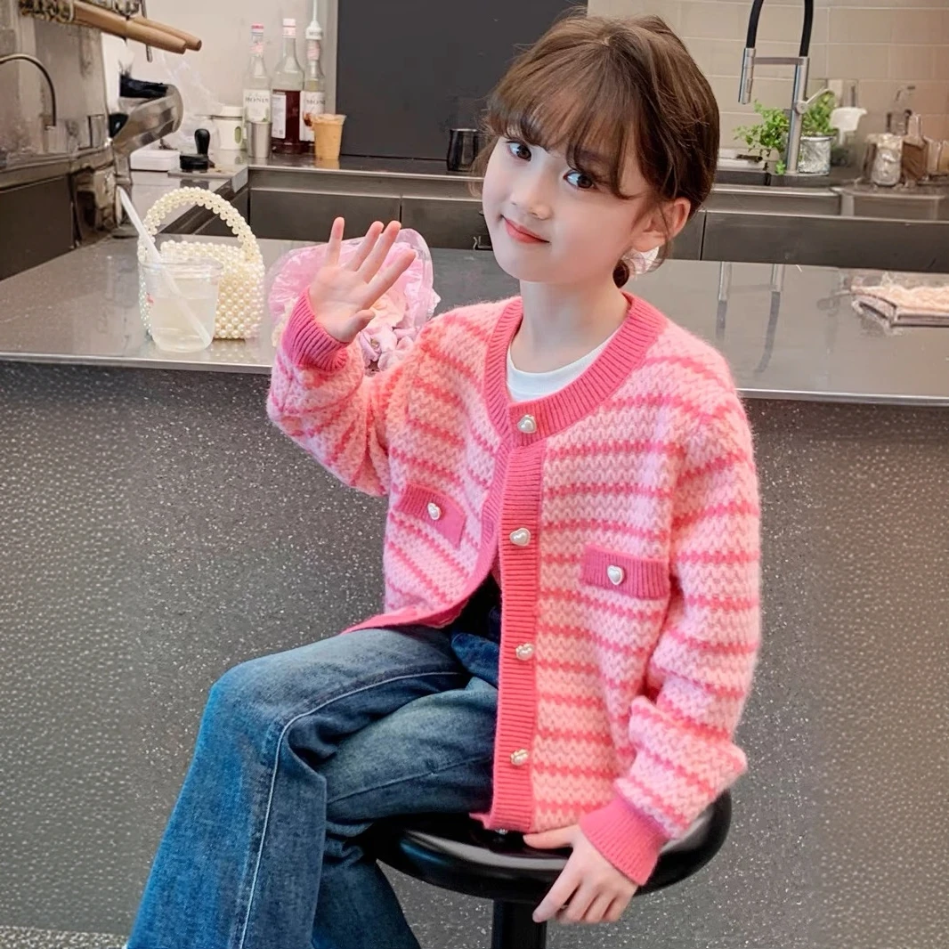女童秋装开衫毛衣2025新款儿童洋气女孩春秋粉色条纹上衣针织外套