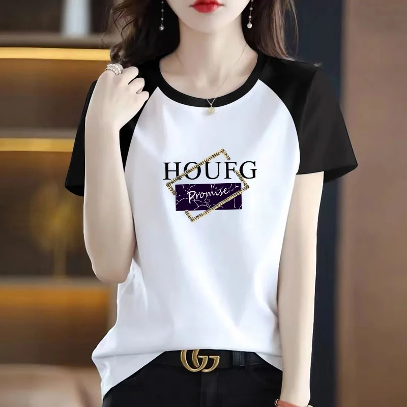 复古插肩短袖t恤女2024年新款夏季休闲印花圆领纯棉大码显瘦上衣T