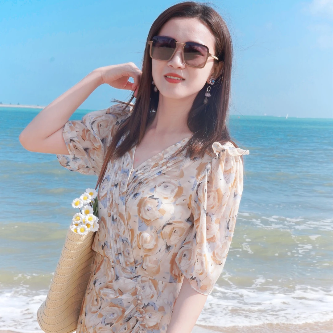 CCHUN希椿22216511夏季女士晕染花色中长款有袖梭织女装连衣裙