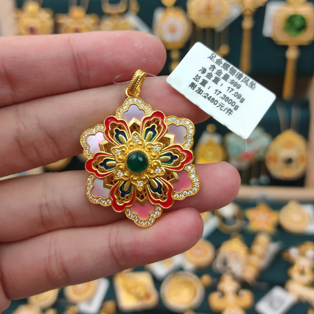 足金999镶嵌螺钿清风吊坠