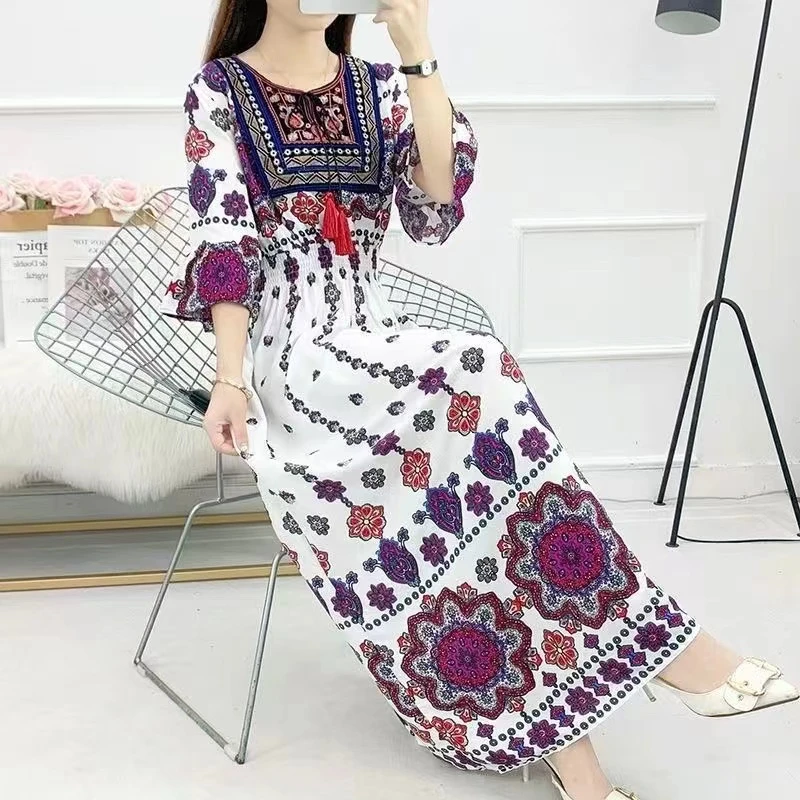 连衣裙棉绸时尚圆领复古夏季度假短袖手工刺绣气质长裙旅游洋气