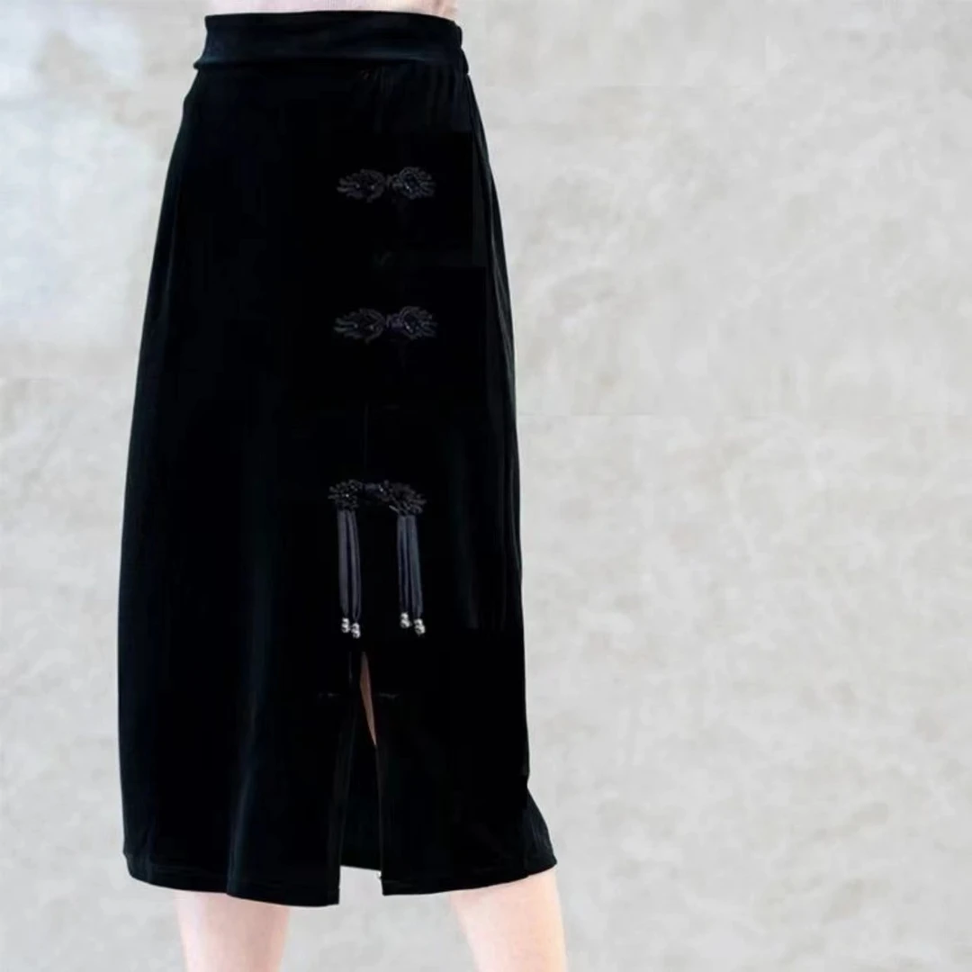 复古盘扣国风松紧腰半身裙妈妈裙