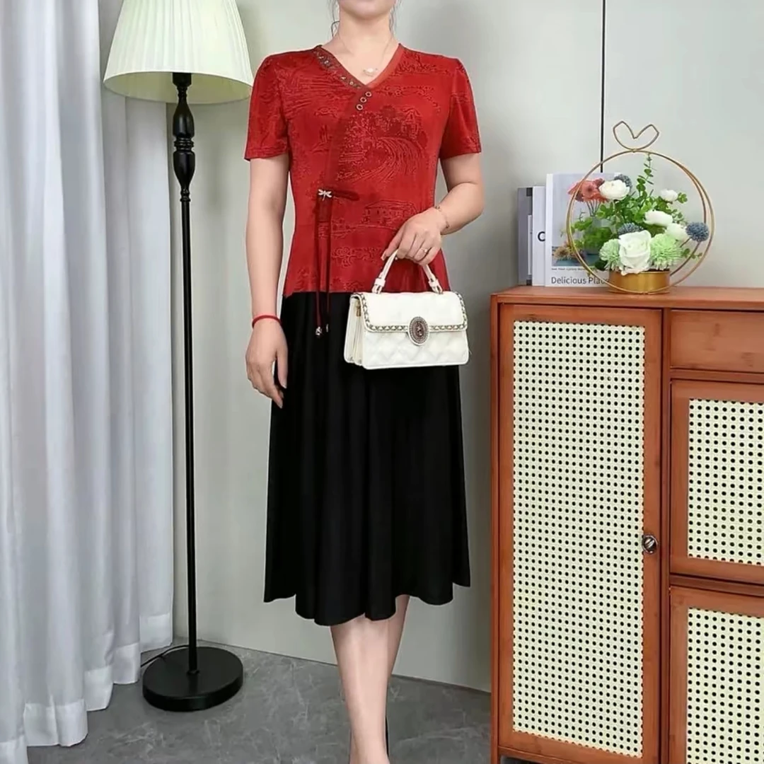 无品牌夏季新款YC复古假两件弹力大码显瘦妈妈裙