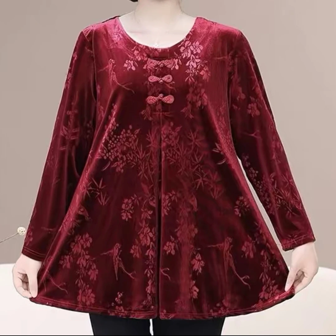 大码上衣220斤可穿金丝绒压花盘扣妈妈装 显瘦遮肚小衫