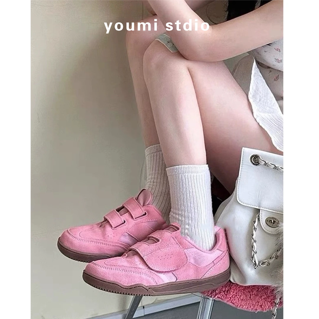 youmi~牛皮版斐le最新款复古粉色魔术贴德训鞋女韩国运动休闲板鞋