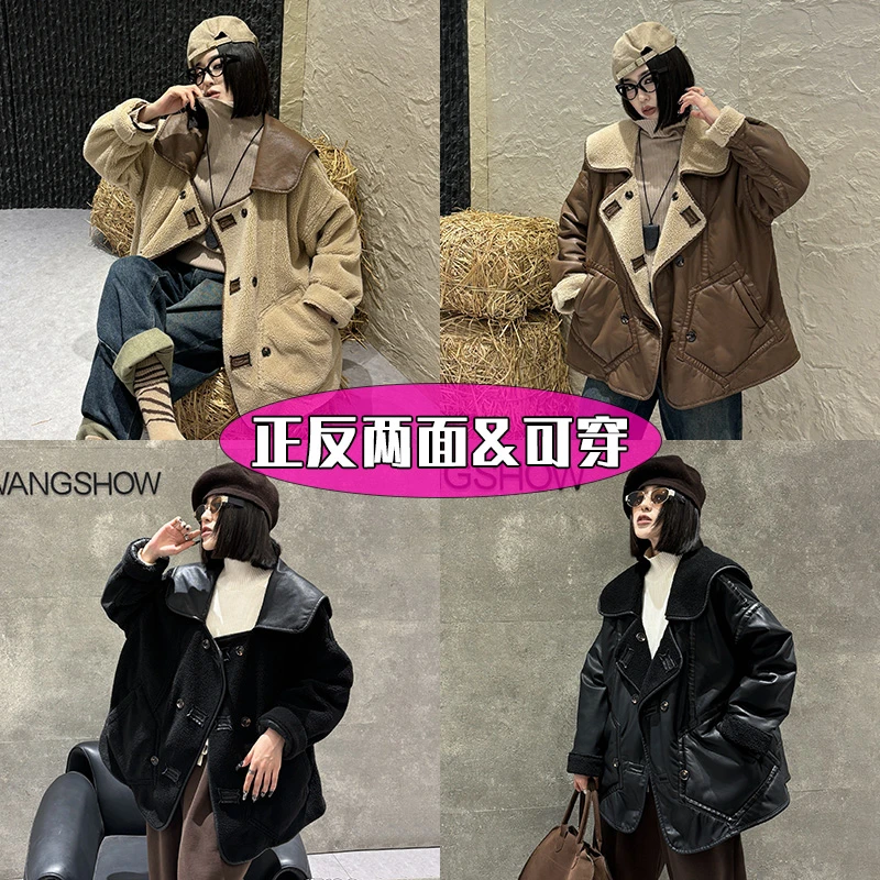 大码两面服冬季PU加绒外套宽松240斤胖mm冬装女款爆款2024新款EP