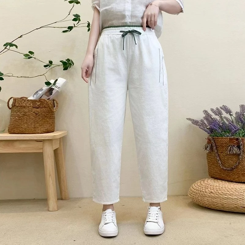 2025新款夏季哈伦裤百搭透气薄款休闲女裤高腰八九分水洗棉麻裤