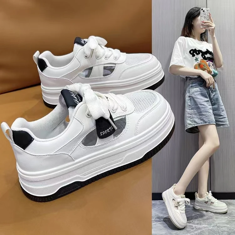 薄款透气小白鞋女2024夏季新款松糕厚底百搭休闲包头镂空运动凉鞋