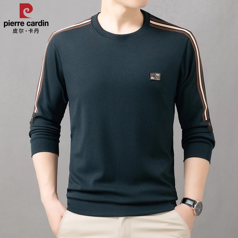 皮尔卡丹时尚百搭卫衣男士春秋休闲圆领长袖T恤宽松潮流打底上衣