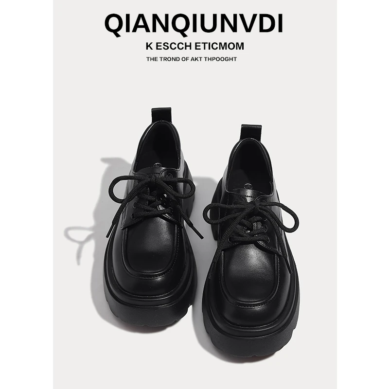 厚底小皮鞋女日系真皮黑色英伦风系带增高乐福鞋2024春秋鞋子单鞋