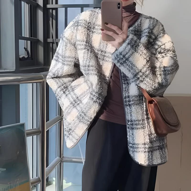 （99-129直播间专拍）百搭气质外套复古秋冬韩版格子长袖短款宽松